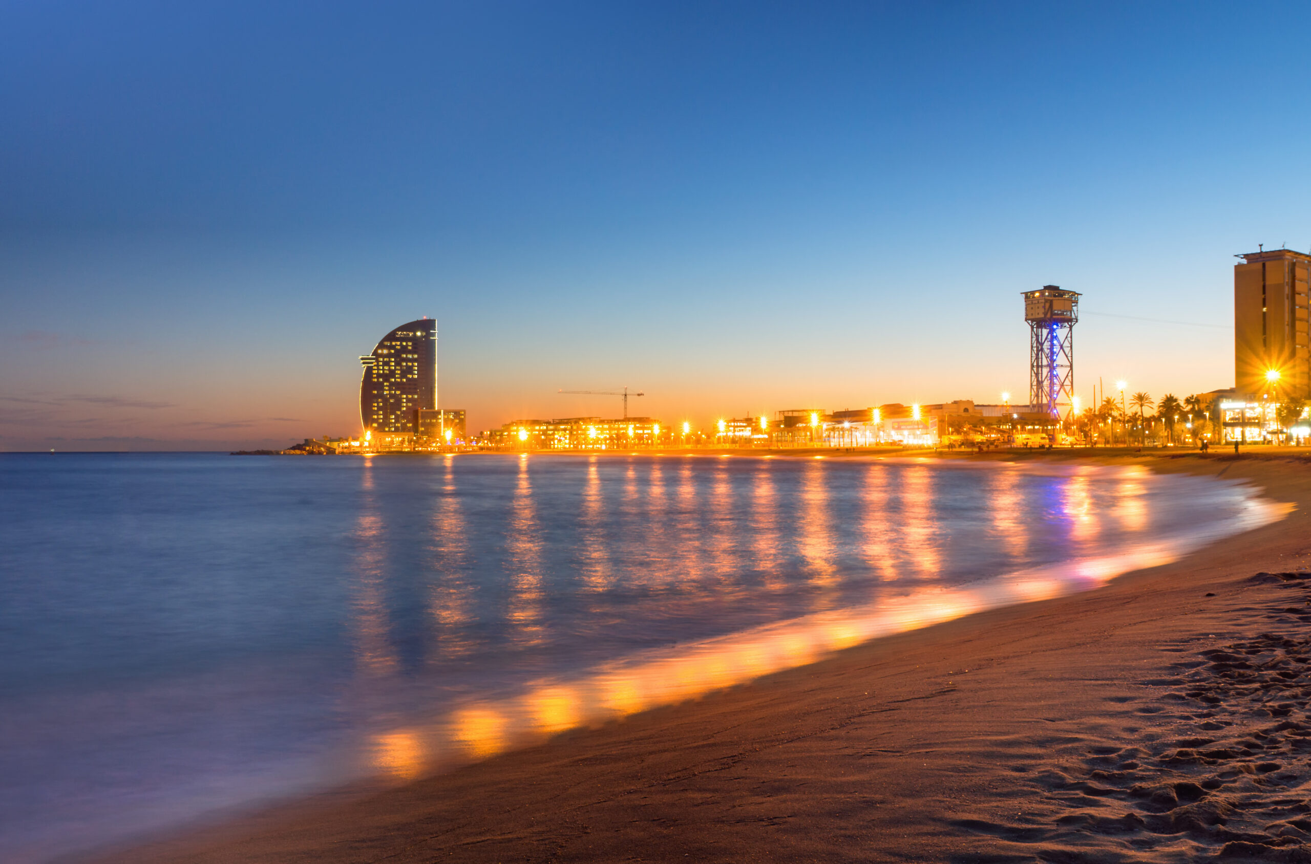 Beach in Barcelona during sunset