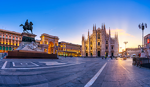 Beautiful sunrise at Duomo di Milano church and Galleria Vittorio Emanuele II in Milan Italy.