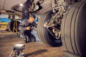 Close up portrait of mechanics fixing airplanes and checking the landing gear