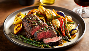 Medium rare steak cut and served with vegetables and potatoes