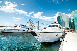 Yachts in marina in front of Festival City in Dubai