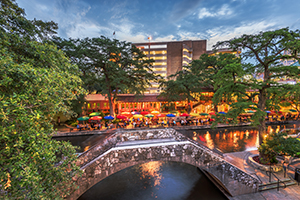 San Antonio, Texas from the River Walk at dusk.